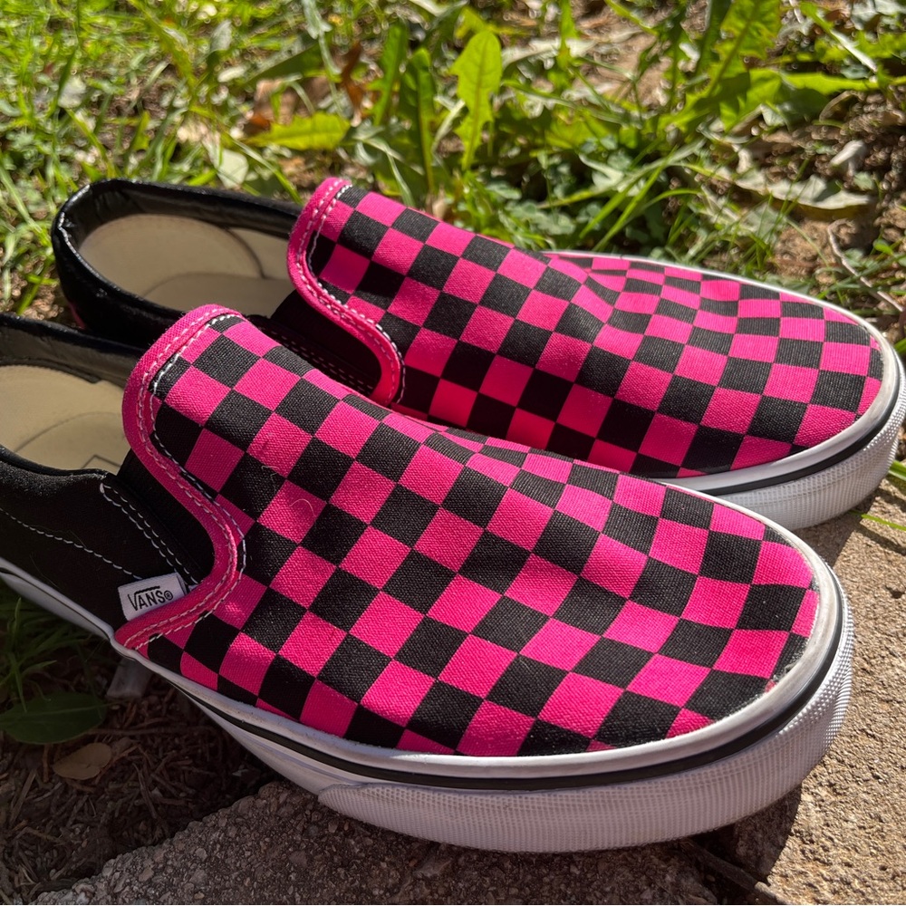 Vans Black and Fuchsia Checkered Sneakers.